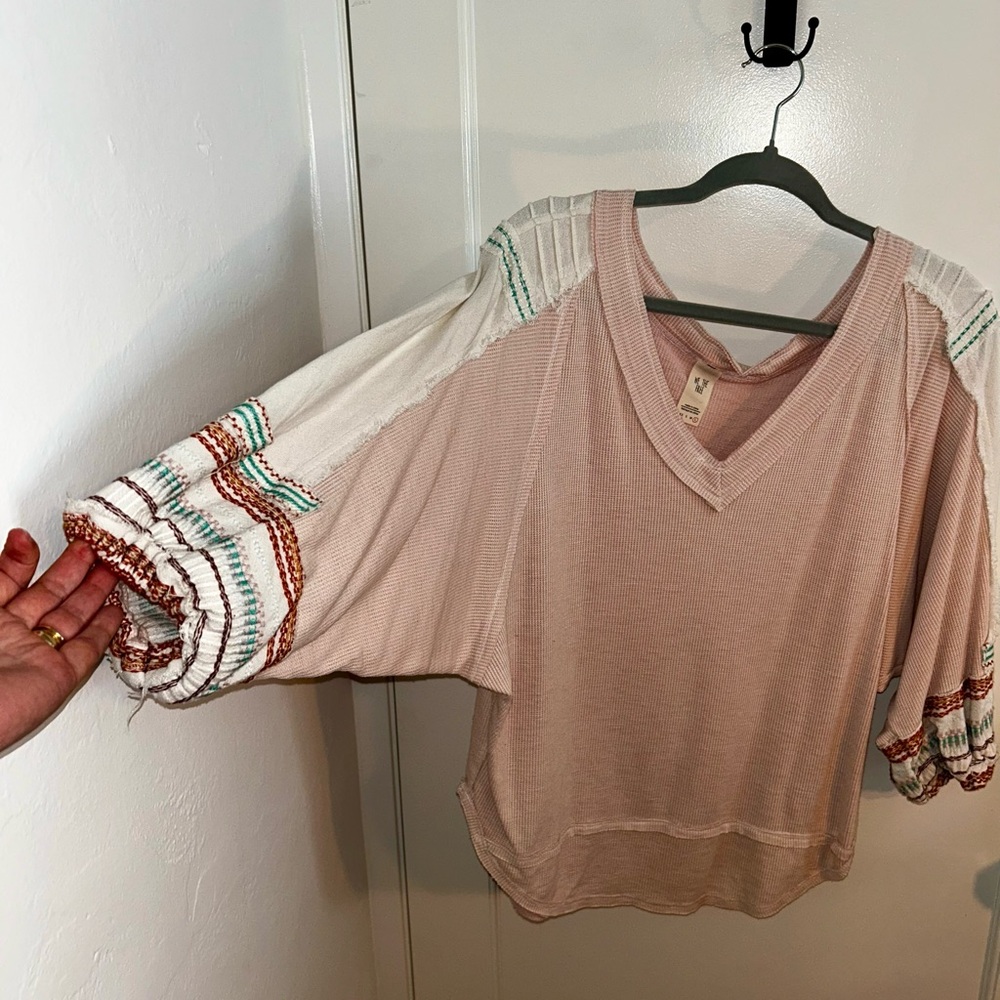 We the Free Boho Chic V-Neck Top with Embroidered Sleeves